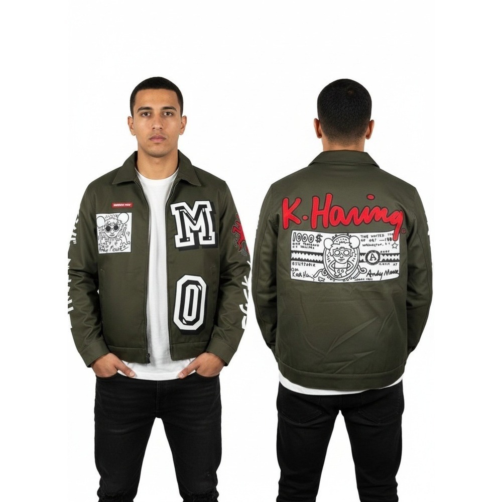 Members Only x Keith Haring Embroidered Patchwork‎ Coach Jacket Olive M NWT